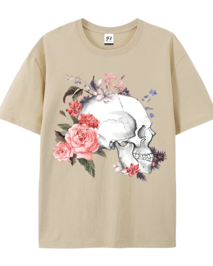 Skull And Flower Summer Print T-shirt Cotton Graphic Tees Y2k Street Wear Men Clothing New Cartoon Short Sleeve