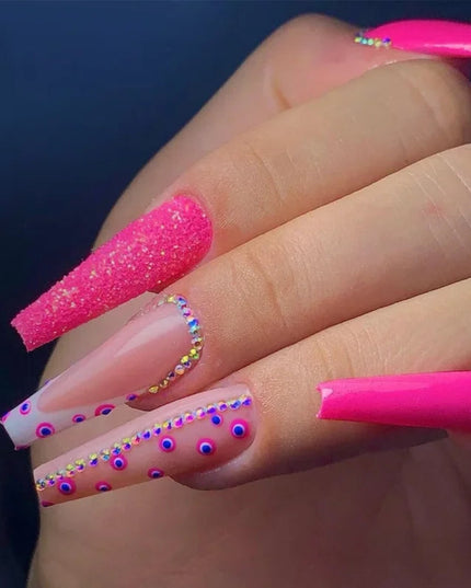 24pcs Colorful Diamond Glitter Removable Fake Nails Acyrlic Press on Nail Extra Long False Nails Square Girl White Stick-on Nail