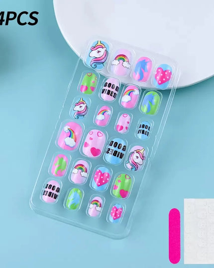 24Pcs Kids Press on Nails Children Fake Nails Girls Full Cover Short False Fingernails for Kids Design Decoration Lovely Pattern