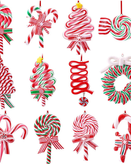 JOYFY 12 Pcs Christmas Candy Cane Ornament with Wreaths Lollipop Christmas Trees and Candy Canes Designs for Xmas Decoration