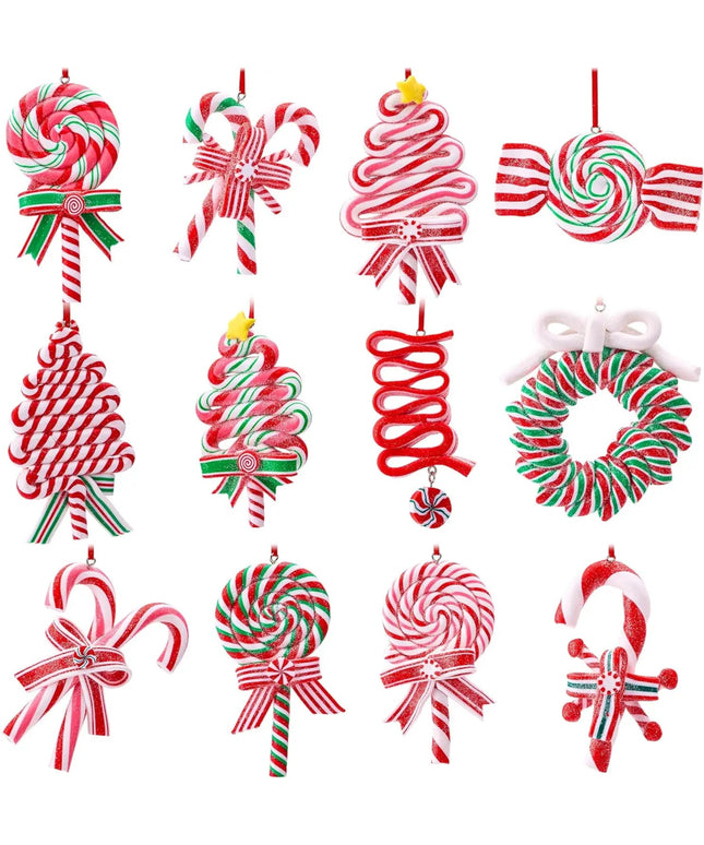 JOYFY 12 Pcs Christmas Candy Cane Ornament with Wreaths Lollipop Christmas Trees and Candy Canes Designs for Xmas Decoration