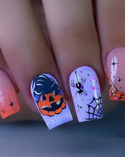 24PCS Halloween Medium Square False Nails with Glue Pumpkin Spider Web Patterns French Press on Nails Full Cover Wearable Nails