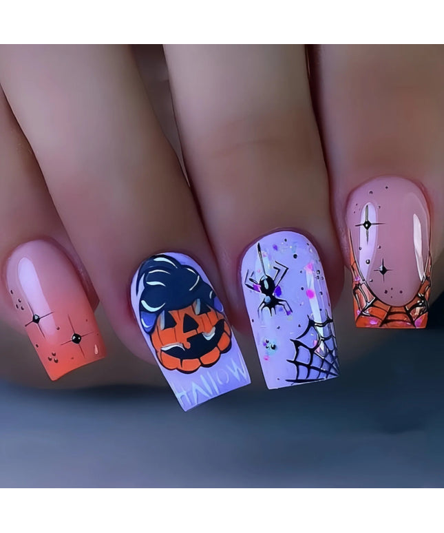 24PCS Halloween Medium Square False Nails with Glue Pumpkin Spider Web Patterns French Press on Nails Full Cover Wearable Nails
