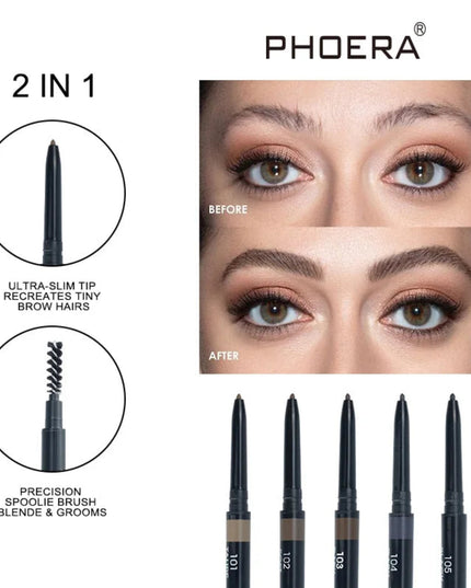 PHOERA 5-Colors Double-headed Eyebrow Pencil Automatic Rotation Ultra-fine Eyebrow Pencil Waterproof Makeup Free Eye Cosmetics
