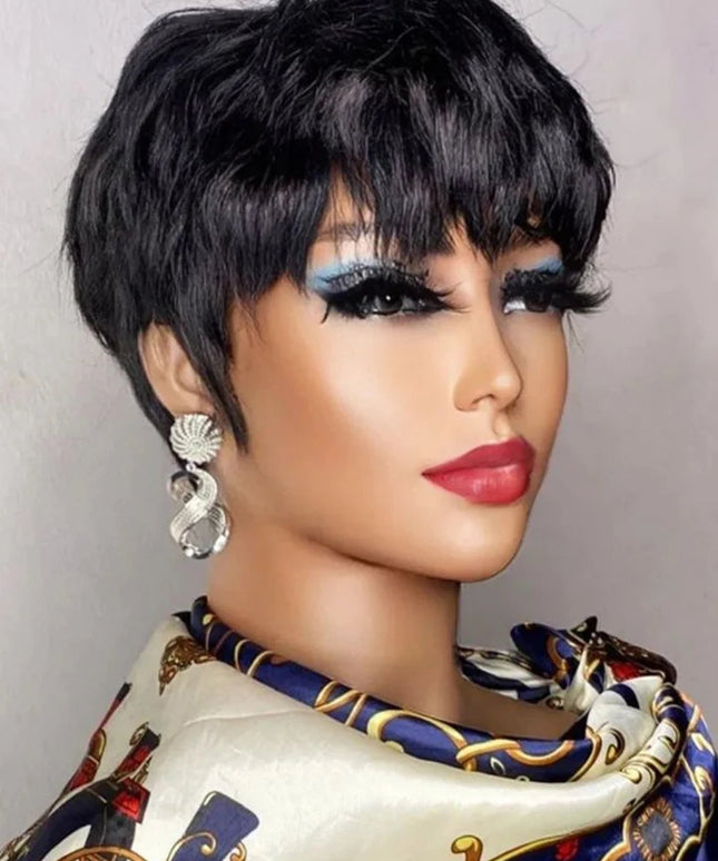 Brown Short Pixie Cut Wig Human Hair For Black Women Machine Made Wigs With Bangs Colored Brazilian Wig Human Hair Wigs