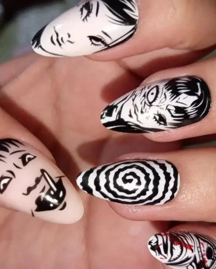 24Pcs Horror Comic Tomie Press on Nails Almond Glossy Black Japanese Anime Nails Reusable Halloween False Nail Tips for Girls