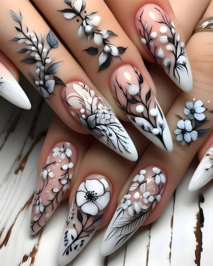 24pcs/set Medium long fake nails for women Spring summer flowers butterfly bee design faux ongles tips press on false nail art