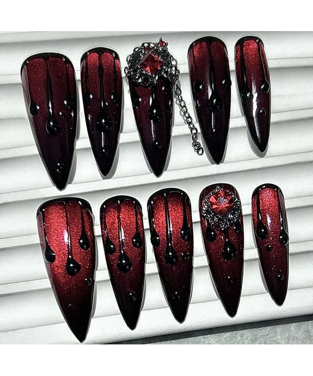 10PCS Dark Blood Red Spicy Girls Long Tip Handmade Press On Nails Red Diamonds Cat Eye Glitter Fake Nails Luxury Chains Nail Art
