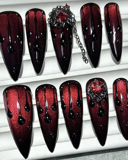 10PCS Dark Blood Red Spicy Girls Long Tip Handmade Press On Nails Red Diamonds Cat Eye Glitter Fake Nails Luxury Chains Nail Art