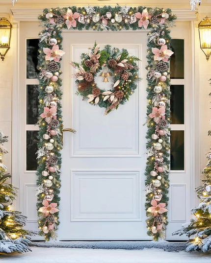 Christmas Garland with Lights, 6ft Pre Lit Outdoor Xmas Garland with Timer 20 LED Lights Pinecones Rose Gold Ball Ornaments