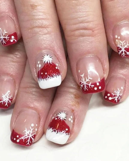 Christmas Nails Red White French Tip Press on Nails Short Fake Nails Glitter Xmas Hat Snow Full Cover False Nails Winter Snowfl