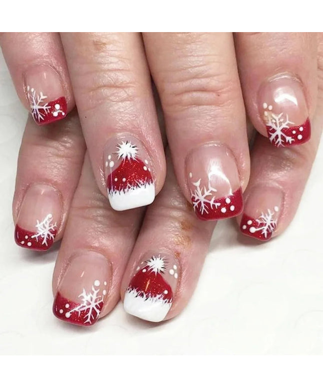 Christmas Nails Red White French Tip Press on Nails Short Fake Nails Glitter Xmas Hat Snow Full Cover False Nails Winter Snowfl