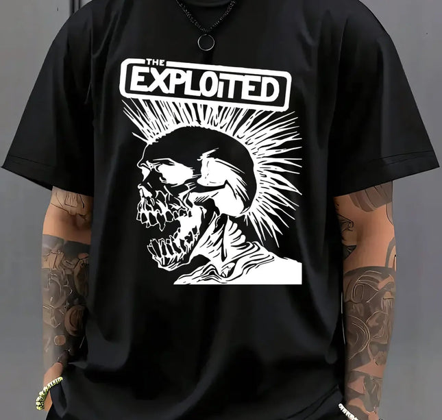 Men'S Casual The Exploited  Skull Graphic T Shirt White Short Sleeve  Round Neck  Summer Tee with Tattoo Inspired Design