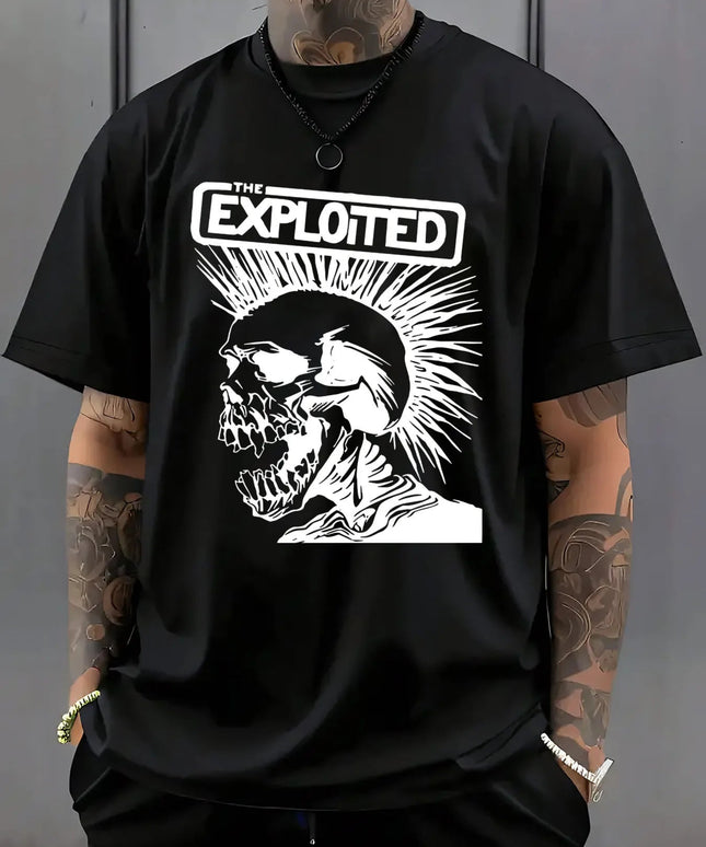 Men'S Casual The Exploited  Skull Graphic T Shirt White Short Sleeve  Round Neck  Summer Tee with Tattoo Inspired Design