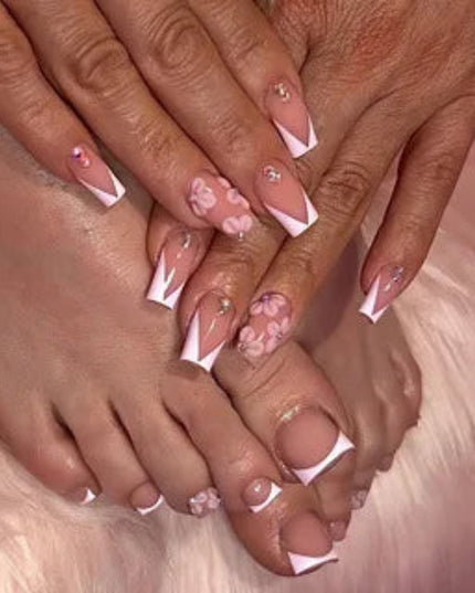 48pcs Sweet Summer Press on Nails Set Ins Beach Wearable French False Toenails Reusable Sweet Korean Flower Print Fake Nail Tips