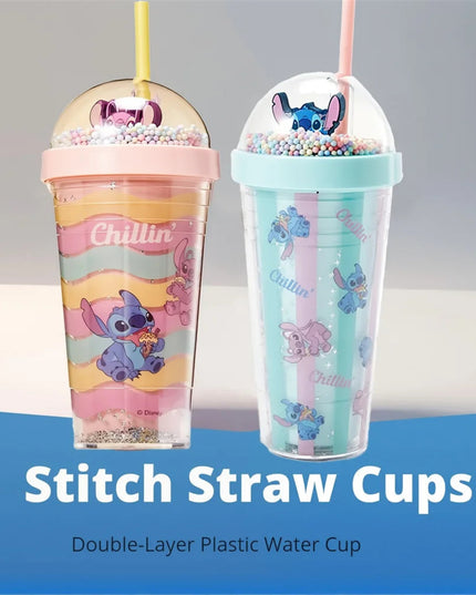 420ml MINISO Disney Lilo & Stitch Angel Couple Cartoon Double Layer Plastic Water Cup Straw Mugs Portable Gift for boy and girl