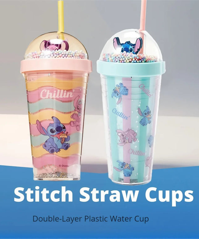 420ml MINISO Disney Lilo & Stitch Angel Couple Cartoon Double Layer Plastic Water Cup Straw Mugs Portable Gift for boy and girl