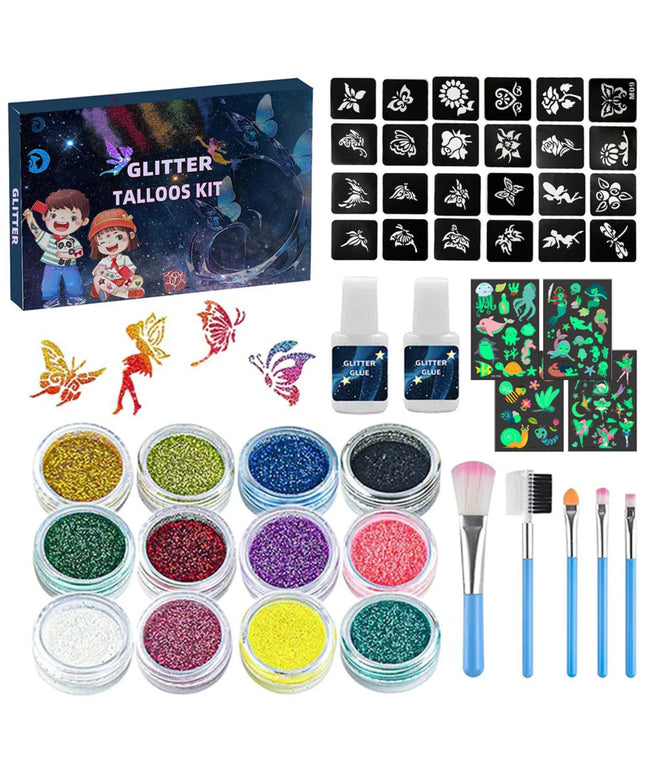12 Color Temporary Glitter Tattoo Kit for Kid with 24 Stencils Adults Girls Boys Arts Glitter Make Up Kit Beautiful Holiday Gift