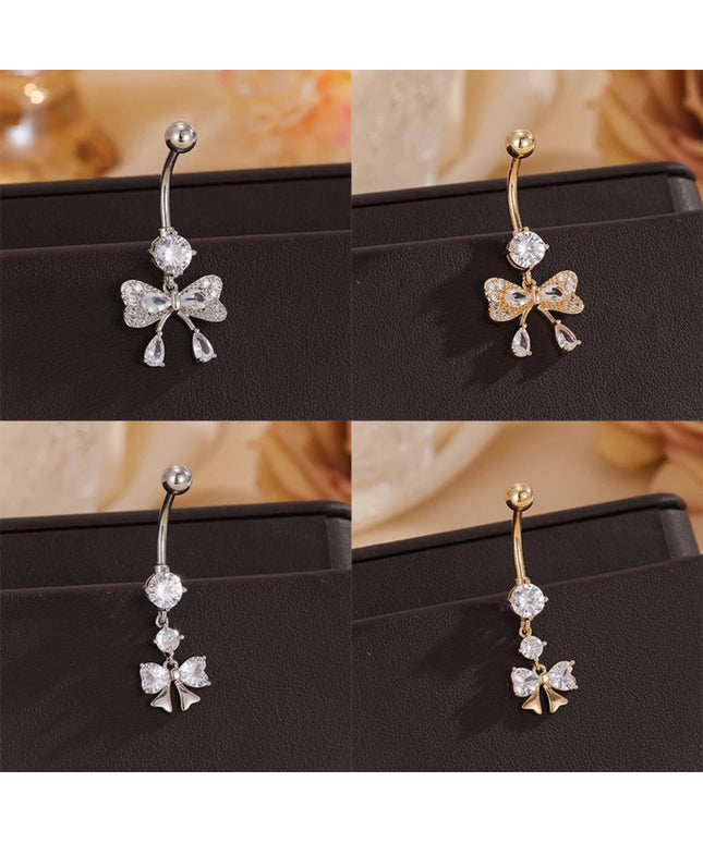 Exquisite Zircon Bow Pendant Belly Button Rings Navel Piercing Barbell For Women Girls Fashion Belly Ring Sexy Body Jewelry Gift