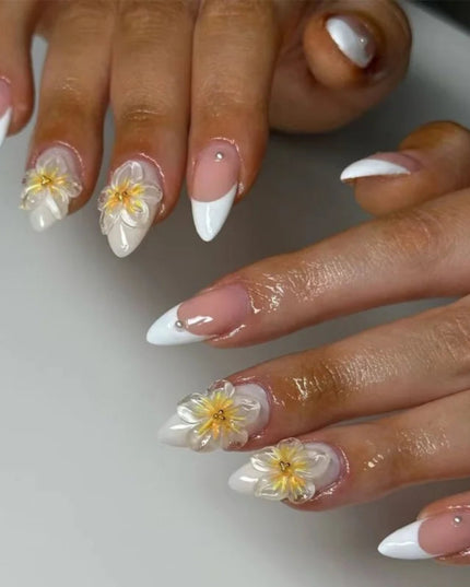 24pcs Almond False Nails Tips Summer Beach Colorful Nails Sets with Pearl Flower Design Press on Nails Art Wearable Fake Nail