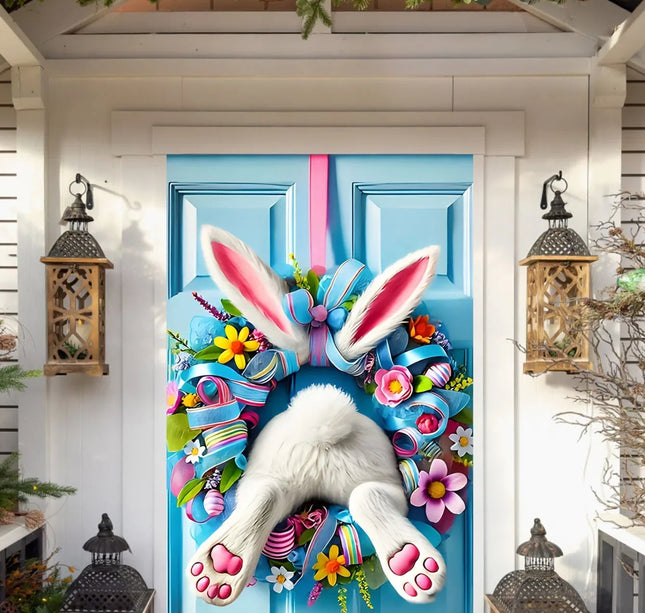 Easter Door Cover Decoration Plush Rabbit Wreath Easter Egg Coloured Ribbon Background Indoor Outdoor Porch