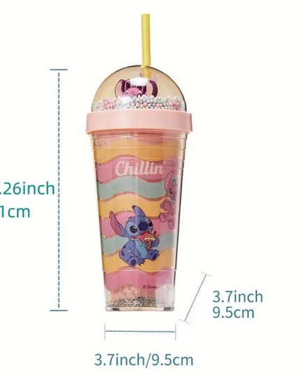 420ml MINISO Disney Lilo & Stitch Angel Couple Cartoon Double Layer Plastic Water Cup Straw Mugs Portable Gift for boy and girl