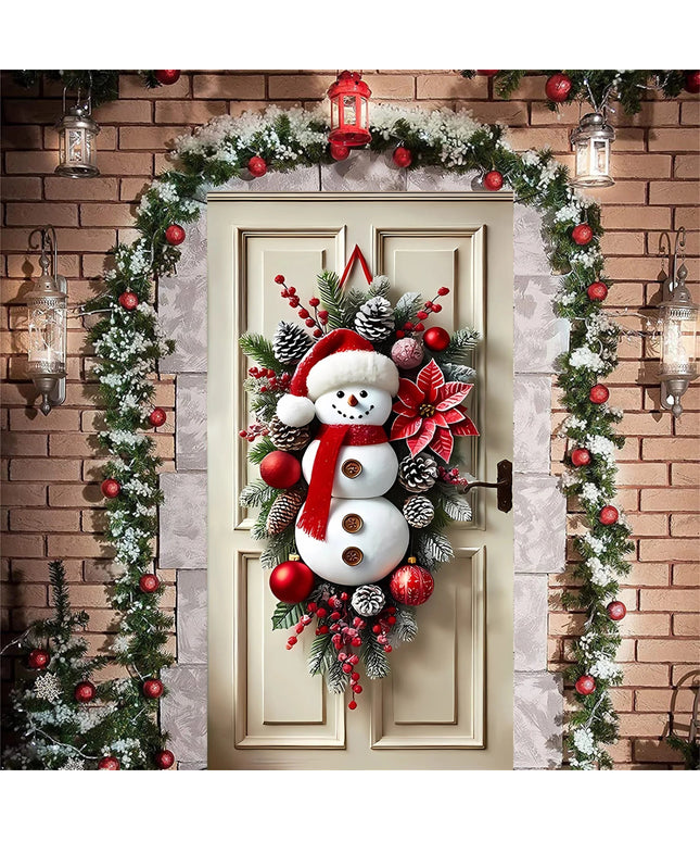 Festive Santa Claus Christmas Door Cover for Front Door Holiday Door Wrap with Christmas Decorations and Snowflakes