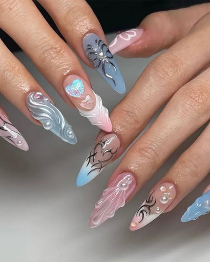 24pcs Almond False Nails Tips Summer Beach Colorful Nails Sets with Pearl Flower Design Press on Nails Art Wearable Fake Nail