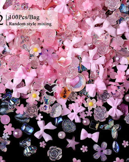 100/200pcs 3D Mixed Nail Decorations Kawaii Heart Flower Bear Pearl Design Rhinestone Nail Art Charms Jewelry Manicure Accessory