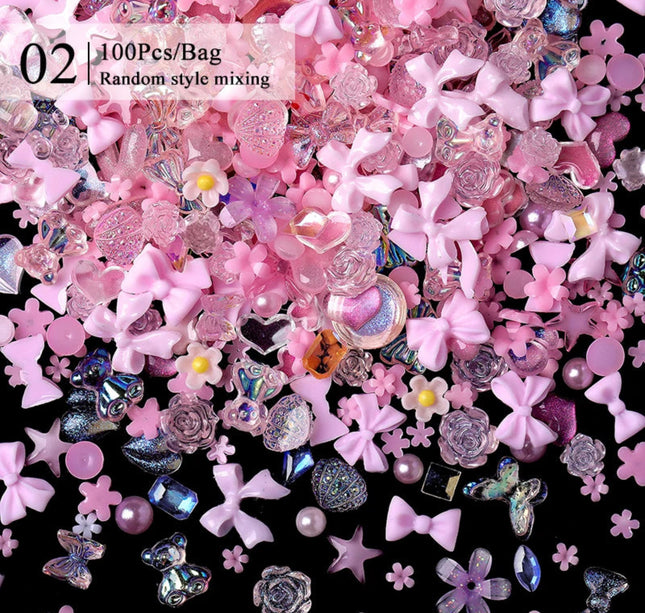 100/200pcs 3D Mixed Nail Decorations Kawaii Heart Flower Bear Pearl Design Rhinestone Nail Art Charms Jewelry Manicure Accessory