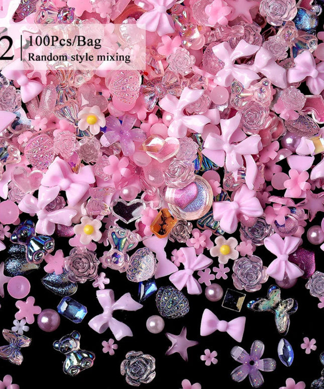 100/200pcs 3D Mixed Nail Decorations Kawaii Heart Flower Bear Pearl Design Rhinestone Nail Art Charms Jewelry Manicure Accessory