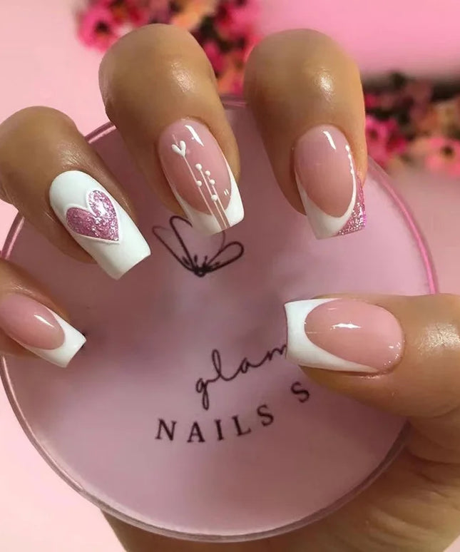 24pcs White French Chrome Press on Nails Medium Coffin Fake Nails Glitter Diamond Pearls False Nails Pink Bowknot Heart Nail Art