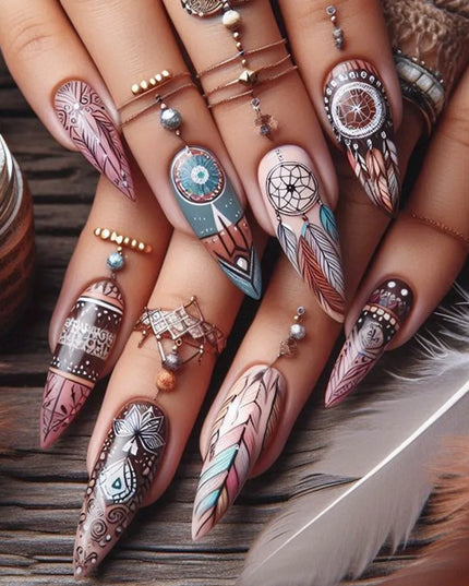 24pcs/set Medium long fake nails for women Spring summer flowers butterfly bee design faux ongles tips press on false nail art