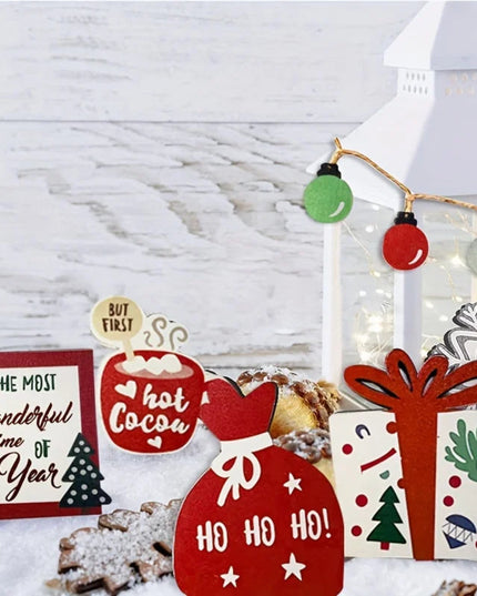 Christmas Tiered Tray Set Wooden Decoration Set Farmhouse Christmas Decor Bell Coffee Cup Snowflake Cookie Wooden Signs