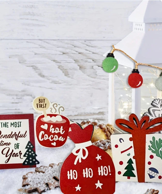 Christmas Tiered Tray Set Wooden Decoration Set Farmhouse Christmas Decor Bell Coffee Cup Snowflake Cookie Wooden Signs