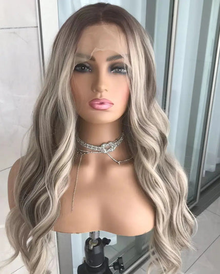 Body Wave Lace Front Wig Highlight Ash Blonde Lace Frontal Synthetic Wigs Pre Plucked Long Wavy Synthetic Lace Wig for Women