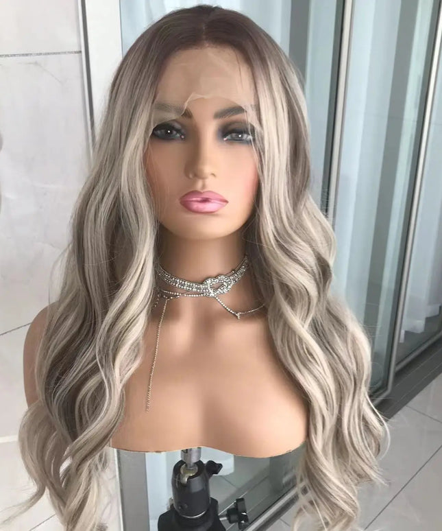 Body Wave Lace Front Wig Highlight Ash Blonde Lace Frontal Synthetic Wigs Pre Plucked Long Wavy Synthetic Lace Wig for Women
