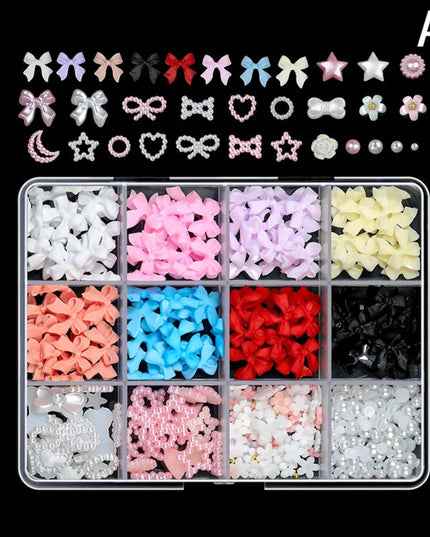 12 Grid Nail Resin Bowknot Bear Nails Art Charms Bowknots Heart Flower Kawaii Diy Decor Lollipop 3D Manicure Rhinestone Tools