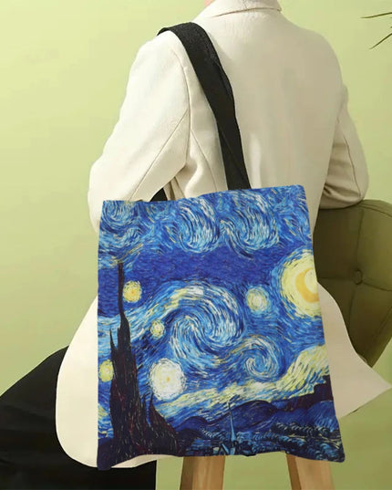 Van Gogh Series Linen Bag Oil Painting Starry Night Sunflower Apricot Flower Coffee Holder Handbag Lightweight Shoulder Bag