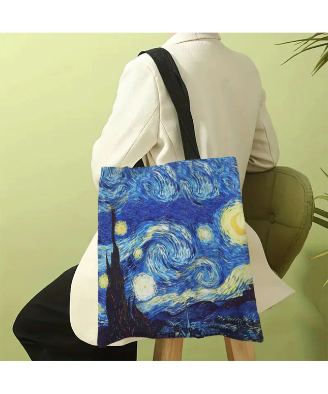 Van Gogh Series Linen Bag Oil Painting Starry Night Sunflower Apricot Flower Coffee Holder Handbag Lightweight Shoulder Bag