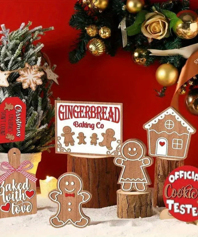 12-Piece Wooden Christmas Tiered Tray Set: Featuring Colorful Snowmen, Gingerbread, and Santa Signs for Festive Cheer