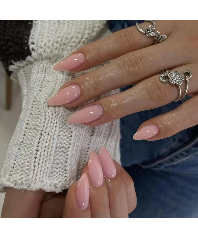 24pcs Solid Color Press on Nails Gradient Design Acrylic False Nails Nude Pink Stick on Nails Simple Almond Nail Art for Girls