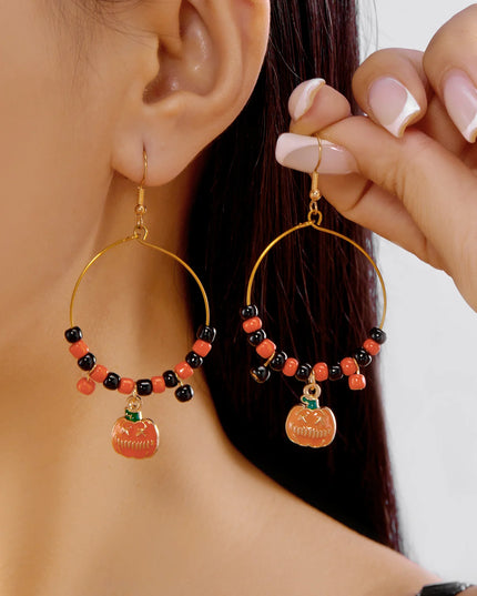 Halloween Cat Pumpkin Ghost Dangle Earrings for Women Fashion Crystal Beaded Round Circle Hoop Earrings Halloween Party Jewelry