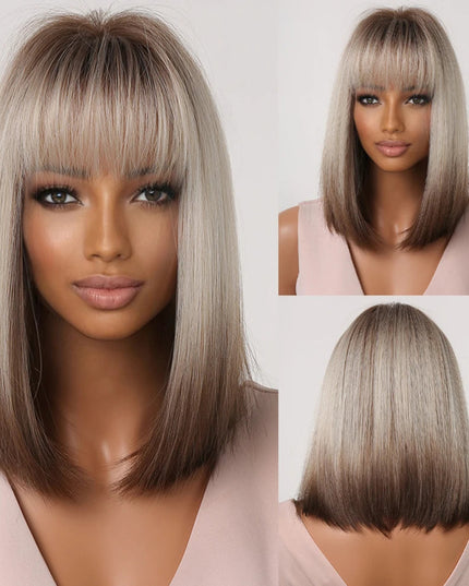 White Blonde Gray Synthetic Wigs with Bangs Short Straight Bob Hair Wig for Women Cosplay Daily Natural Hair Heat Resistant