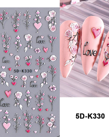 Red Rose Flower Nail Art Stickers 5D Embossed Self-Adhesive Spring Flowers Leaves Design Decals for Women Valentine Decoration
