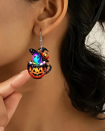 Halloween Pumpkin Witch Hat Acrylic Dangle Earrings Personality Rave Ghost Rainbow Earrings for Women Colorful Funny Jewelry