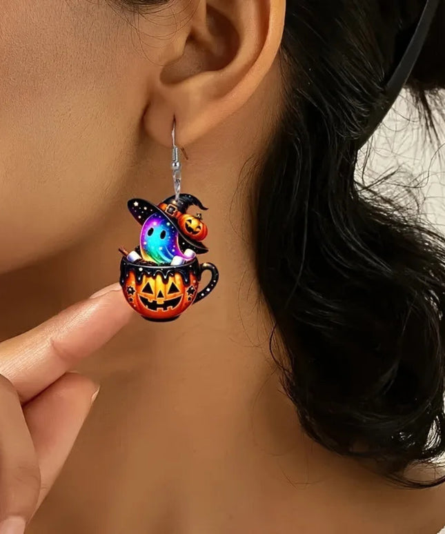 Halloween Pumpkin Witch Hat Acrylic Dangle Earrings Personality Rave Ghost Rainbow Earrings for Women Colorful Funny Jewelry