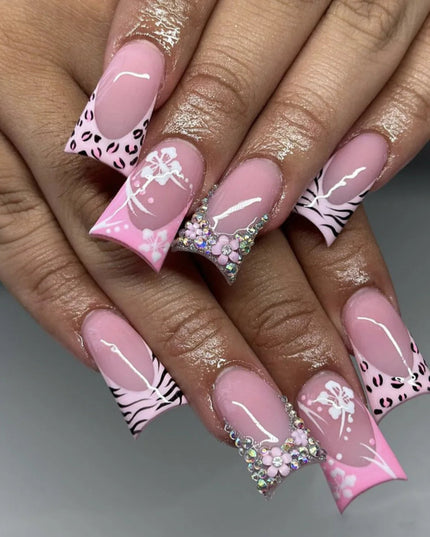 Rose Pink Long Coffin Fake Nails French Style Leopard Star Printed Press on Nails Y2K Girls Charms Manicure Black False Nails