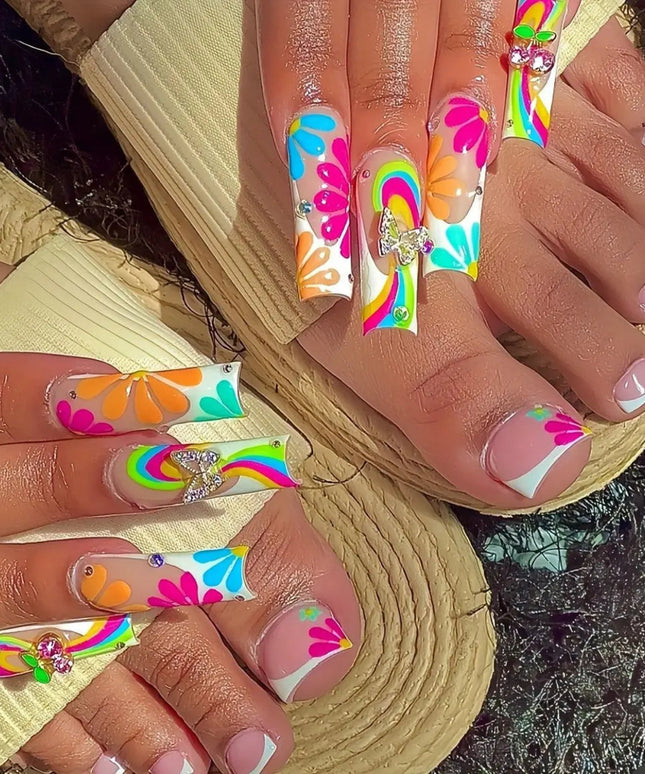 48pcs Sweet Summer Press on Nails Set Ins Beach Wearable French False Toenails Reusable Sweet Korean Flower Print Fake Nail Tips
