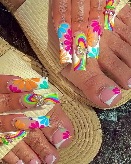 48pcs Sweet Summer Press on Nails Set Ins Beach Wearable French False Toenails Reusable Sweet Korean Flower Print Fake Nail Tips